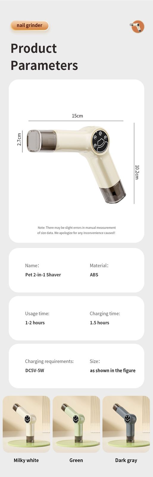 Rechargeable Pet Nail Grinder & Trimmer with LED light